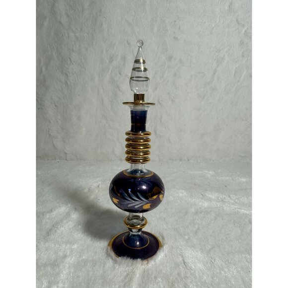 Vintage Other - Handcrafted Egyptian Glass Perfume Bottle With Gold Accents Dark Blue & Gold